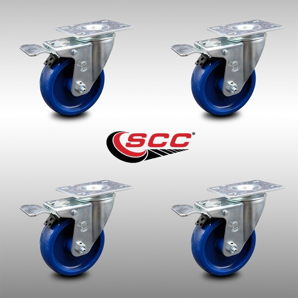 4 Inch SS Solid Polyurethane Top Plate Caster Set Total Lock Brake SCC